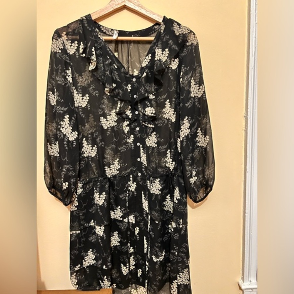 Madewell Eliot Silk Dress Black Floral Fairy Goth Academia Flowy Button Front 0